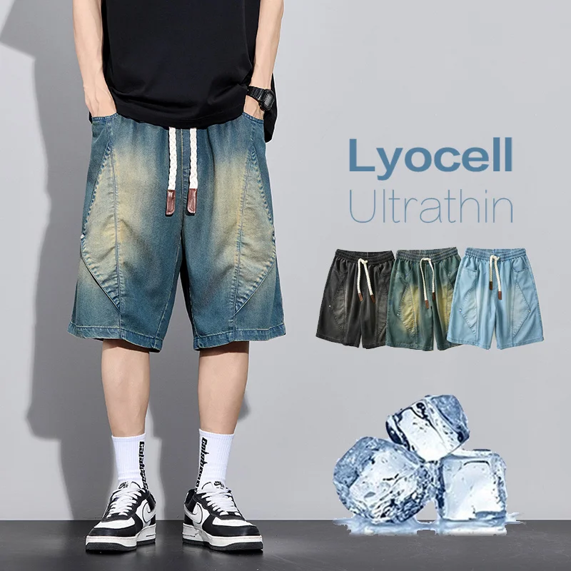 

High Quality Summer Lyocell Fabric Men's Denim Shorts Retro Loose Straight Elastic Waist Cargo Shorts Male Plus Size 5 6 7 8XL