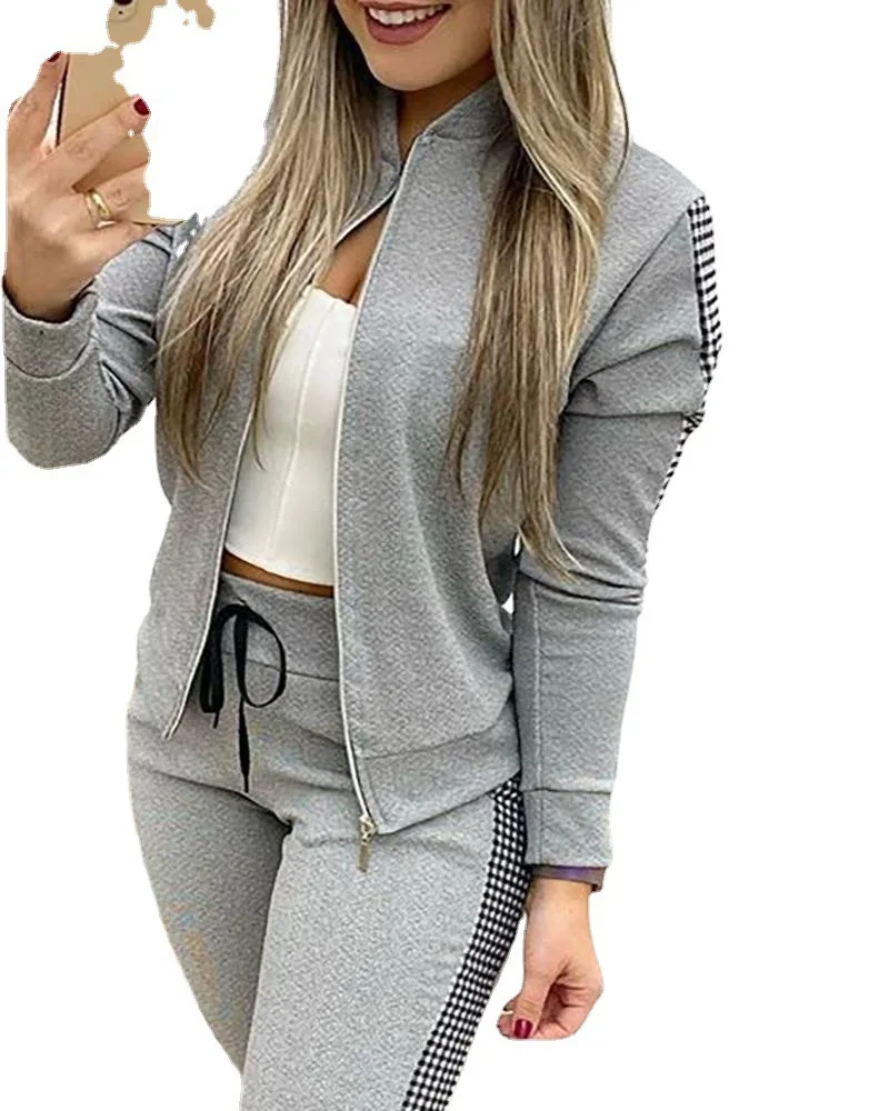 New Women\'s Long Sporty Casual Zipper Splice Plaid Suit Women\'s Autumn and Winter 2022