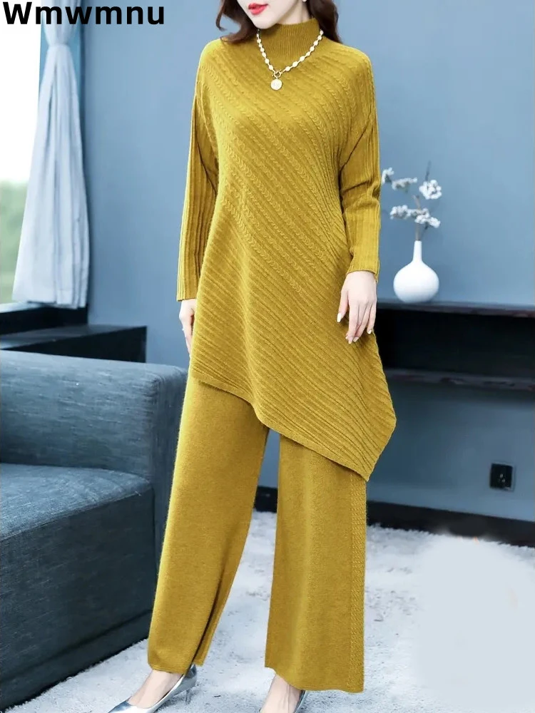 

Warm Halfturtleneck Sweater 2 Piece Sets Casual Irregular Winter Long Pullover Tops Conjuntos Baggy Wide Leg Malhas Pants Outfit