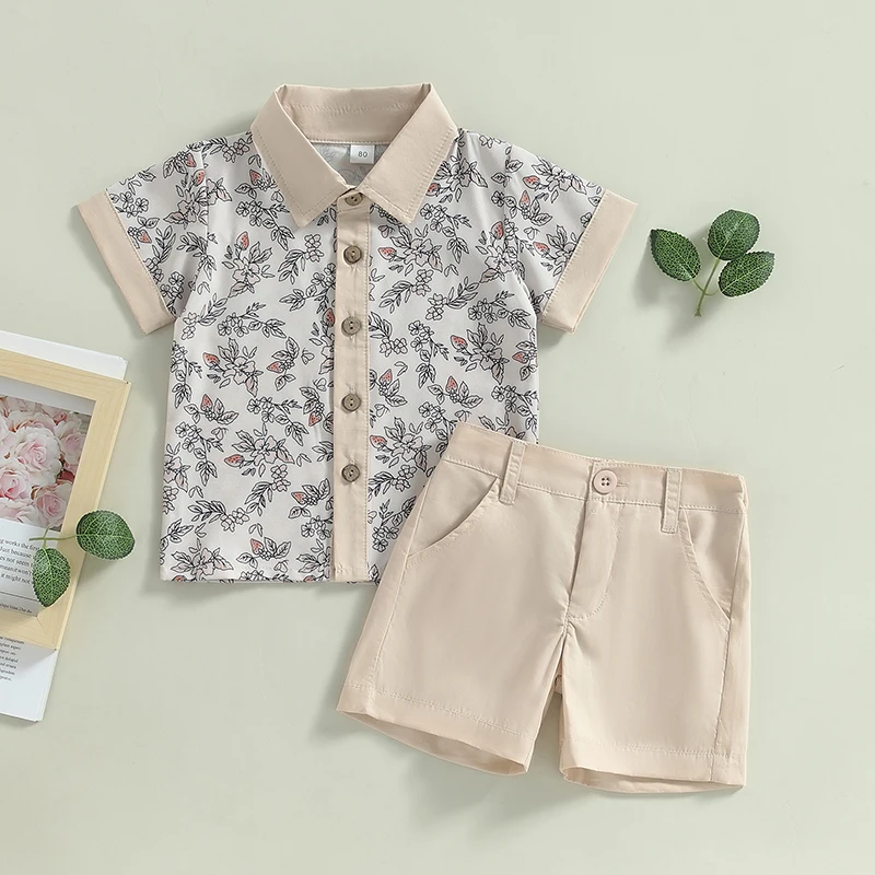 

Baby Kids Boys Shorts Set Short Sleeve Flower Print Shirt with Solid Color Shorts Summer Outfit