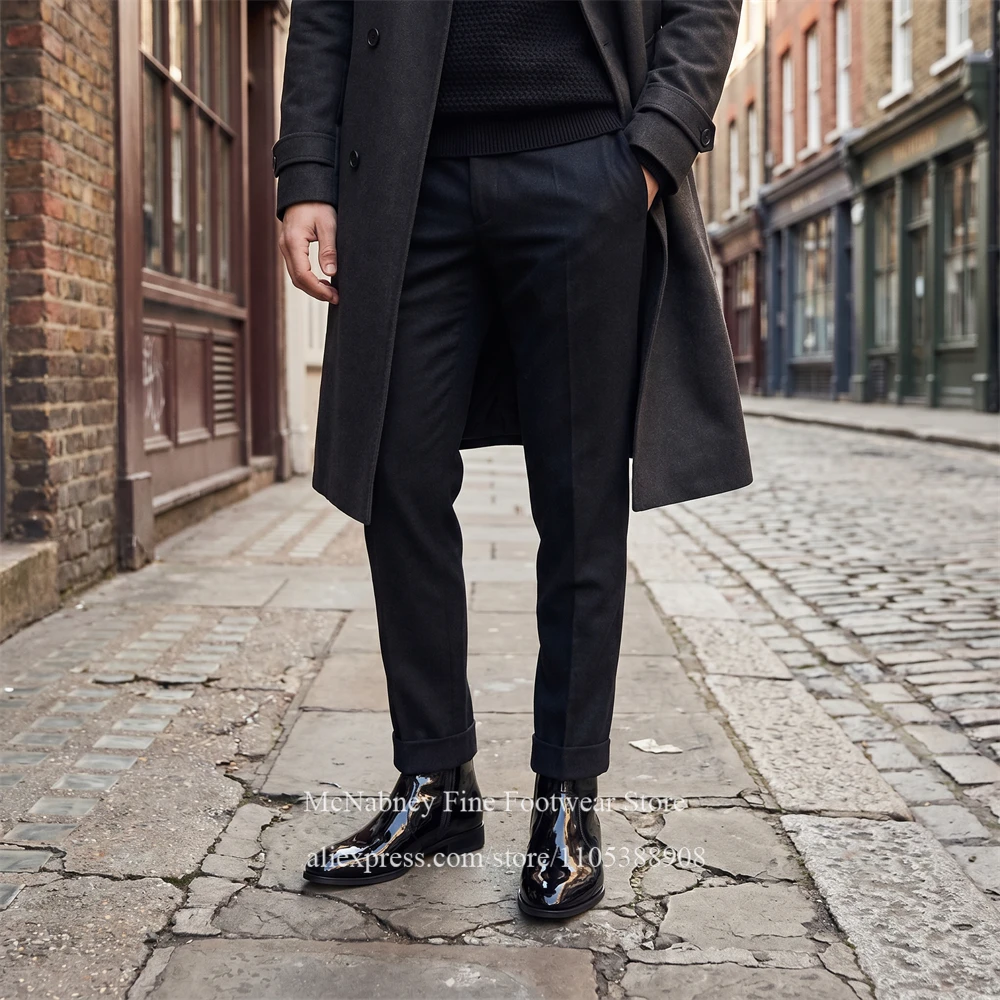 光沢のあるパテントレザーラウンドトゥメンズアンクルブーツサイ - Men Shoes For Wedding のレビューと価格
