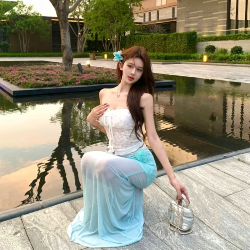 Sexy Lace Splice Beach Coast Halter Neck  Skirt Women's Fashion Spring Summer Polyester High Waist Bodycon Long Skirt