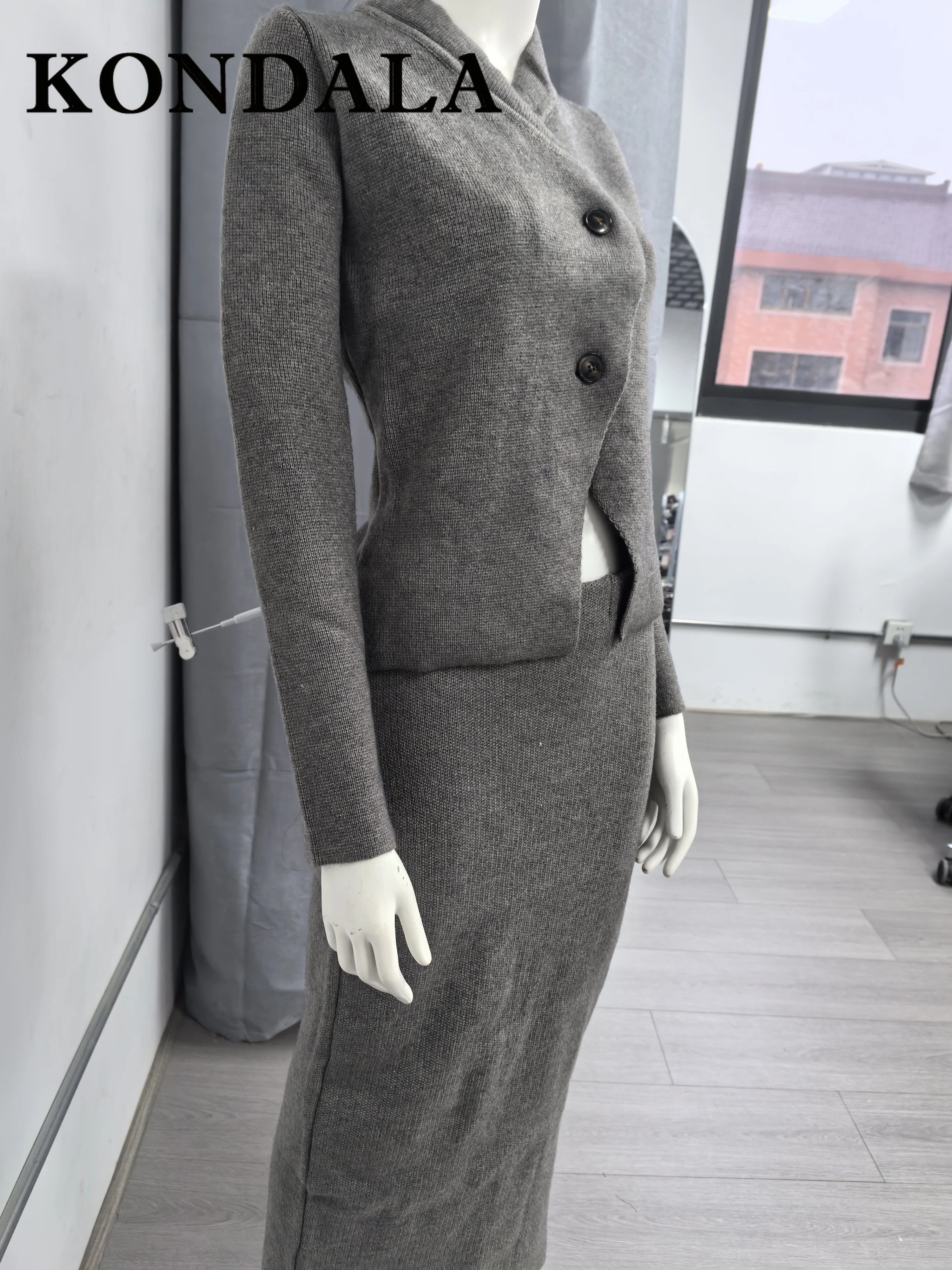 KONDALA 2025 Autumn Women Vintage Solid Suits Buttons Double-Breasted Cardigans+Sheath Long Vent Skirt Women Casual Fashion Sets