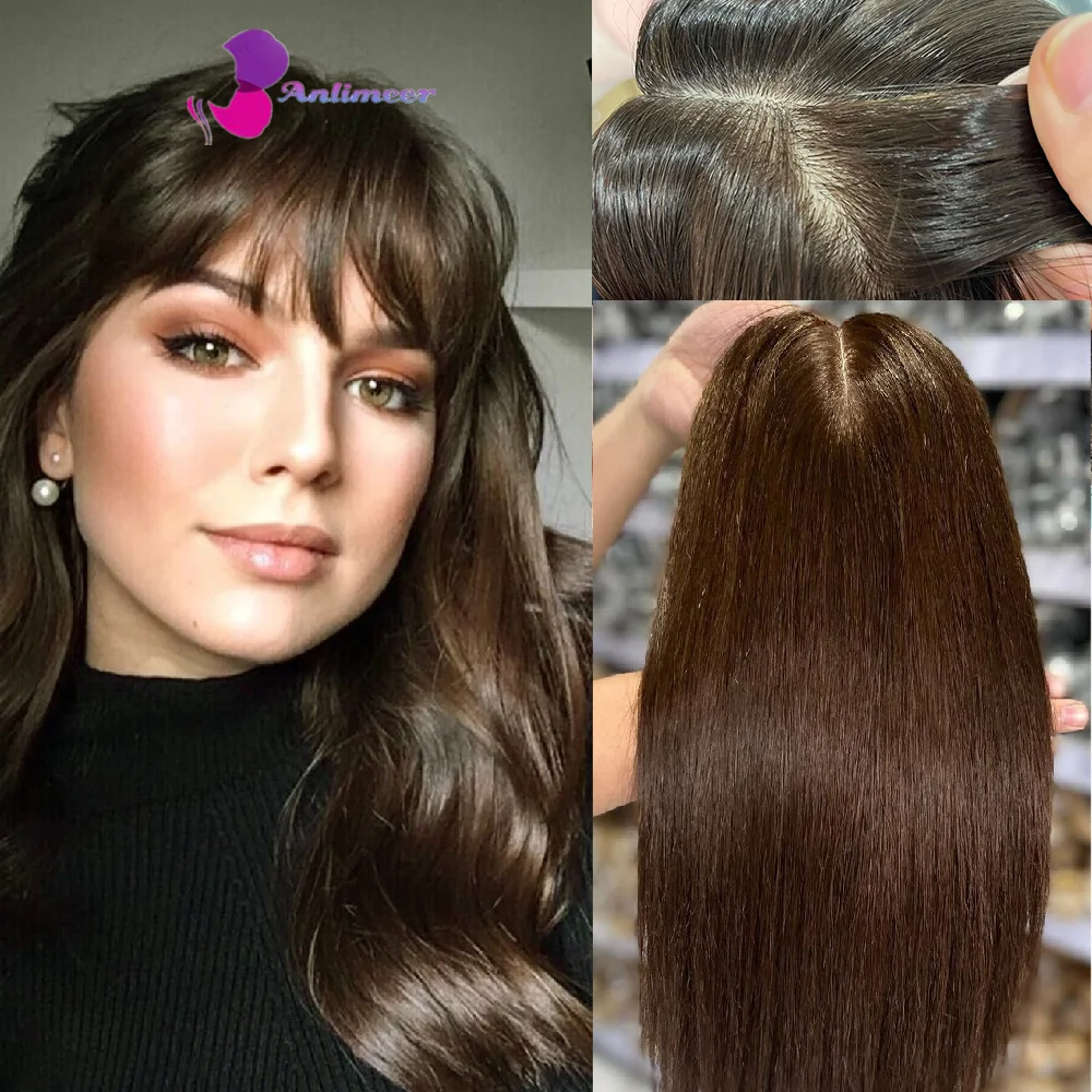 Topper rambut manusia berwarna coklat untuk wanita rambut asli dengan klip ujung rambut manusia penipis dalam ekstensi rambut