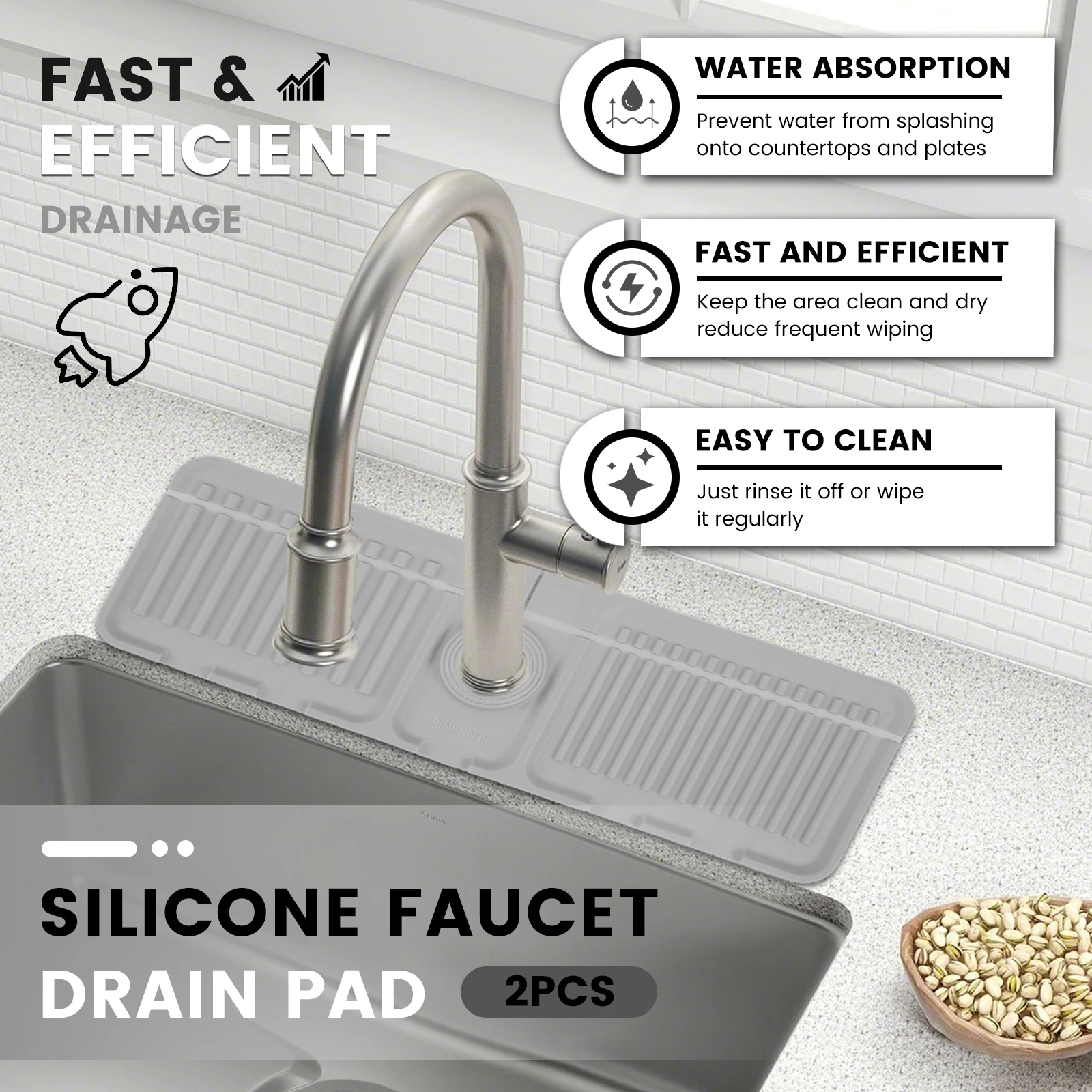 2 Pcs Faucet Mat Silicone Kitchen Sink Splash Guard Nonslip Faucet Draining Mat 45x14cm Around Tap Faucet Handle Drip Catcher