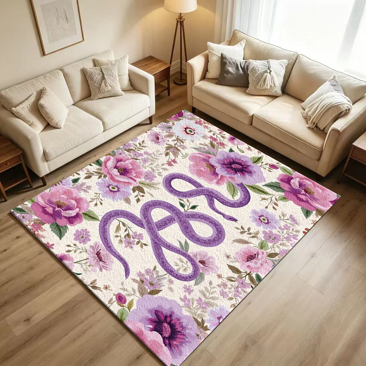 Purple Glitter Snake Floral Carpet Flooring Vintage Pink Peony Botanical Seamless Art Pattern Printed Floor Rug for Household Indoor Home Living Room Decor
