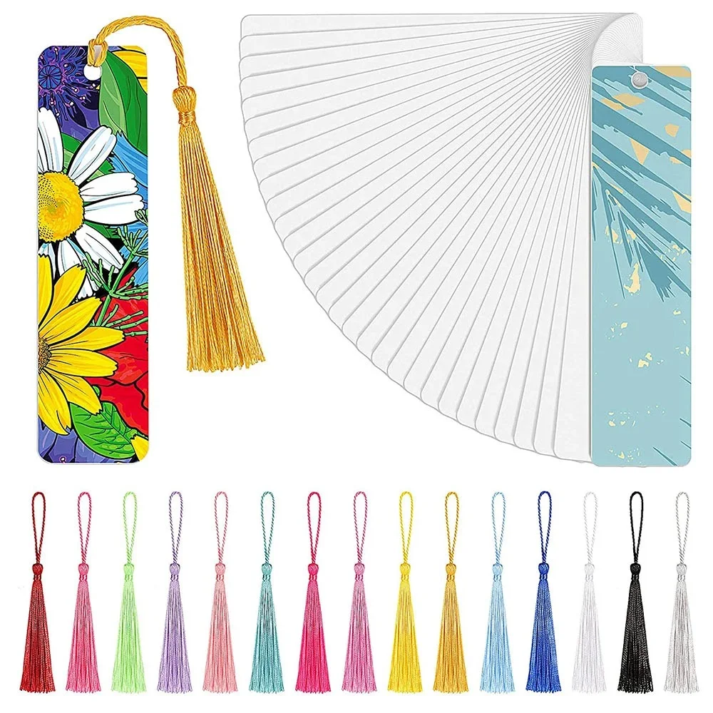 Free Ship 15Pcs Double-Sided Printing 1mm Sublimation Blank Bookmark Heat Transfer Metal Aluminum with Hole and Colorful Tassels