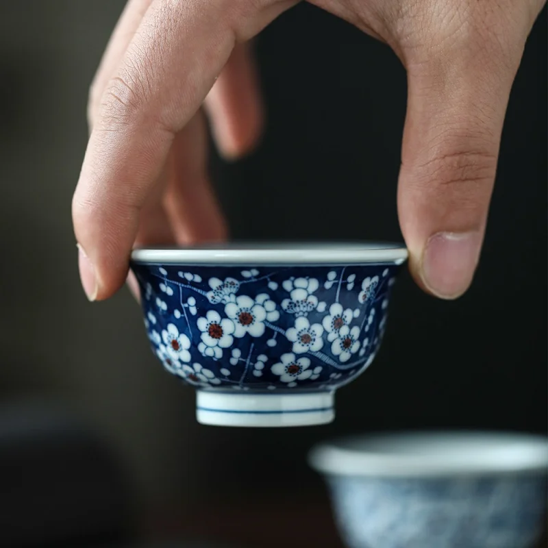 Jingdezhen Firewood Kiln Blue and White Pressure Bottle Hand Painted Prunus Mume Antique Ceramics Tea Cup Handmade inside and ou