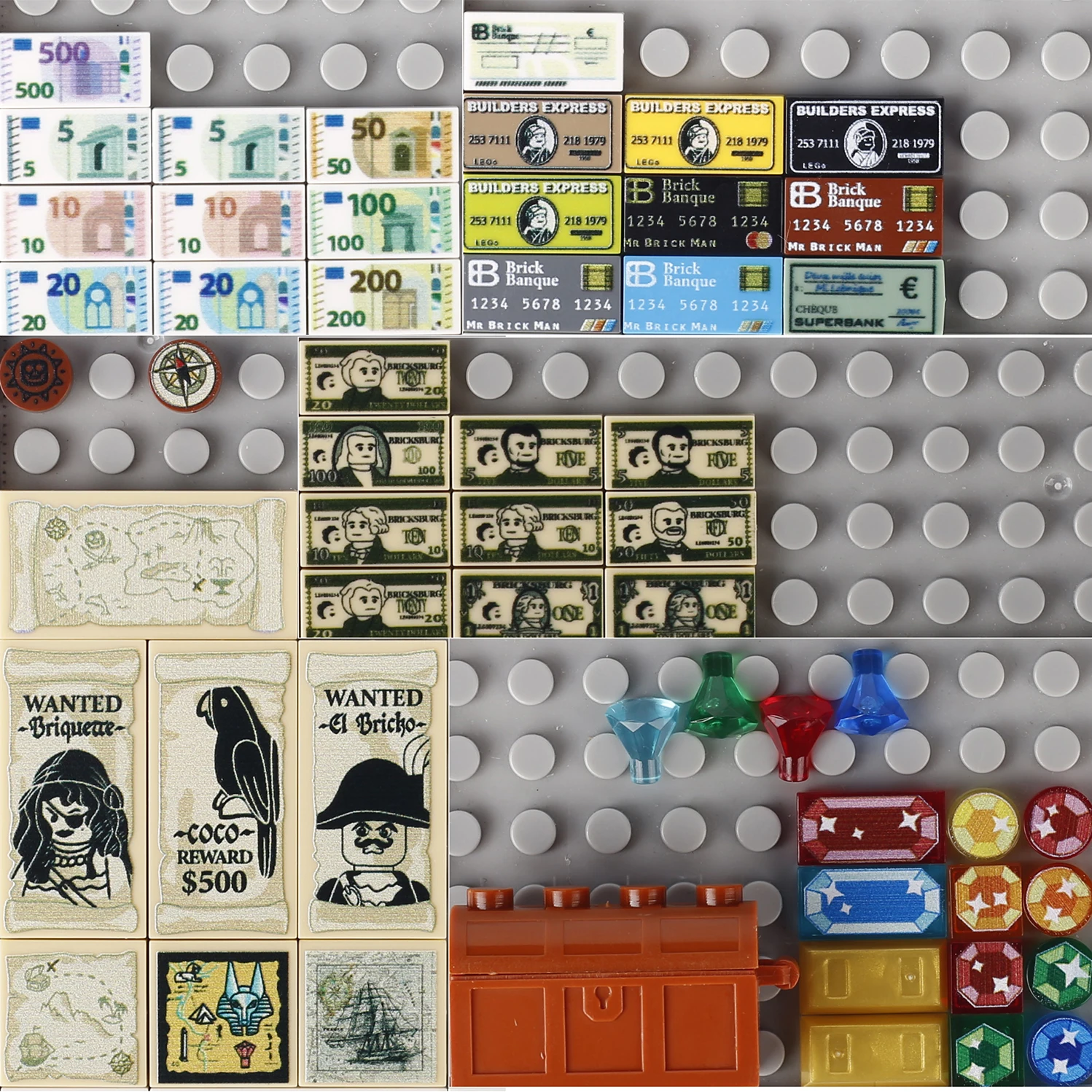 Bloques de construcción de dólar Euro, fichas impresas, tarjeta bancaria, diamantes, piratas, preciosos depósitos, Tesoro, caza, mapa, ladrillos, juguetes, regalo