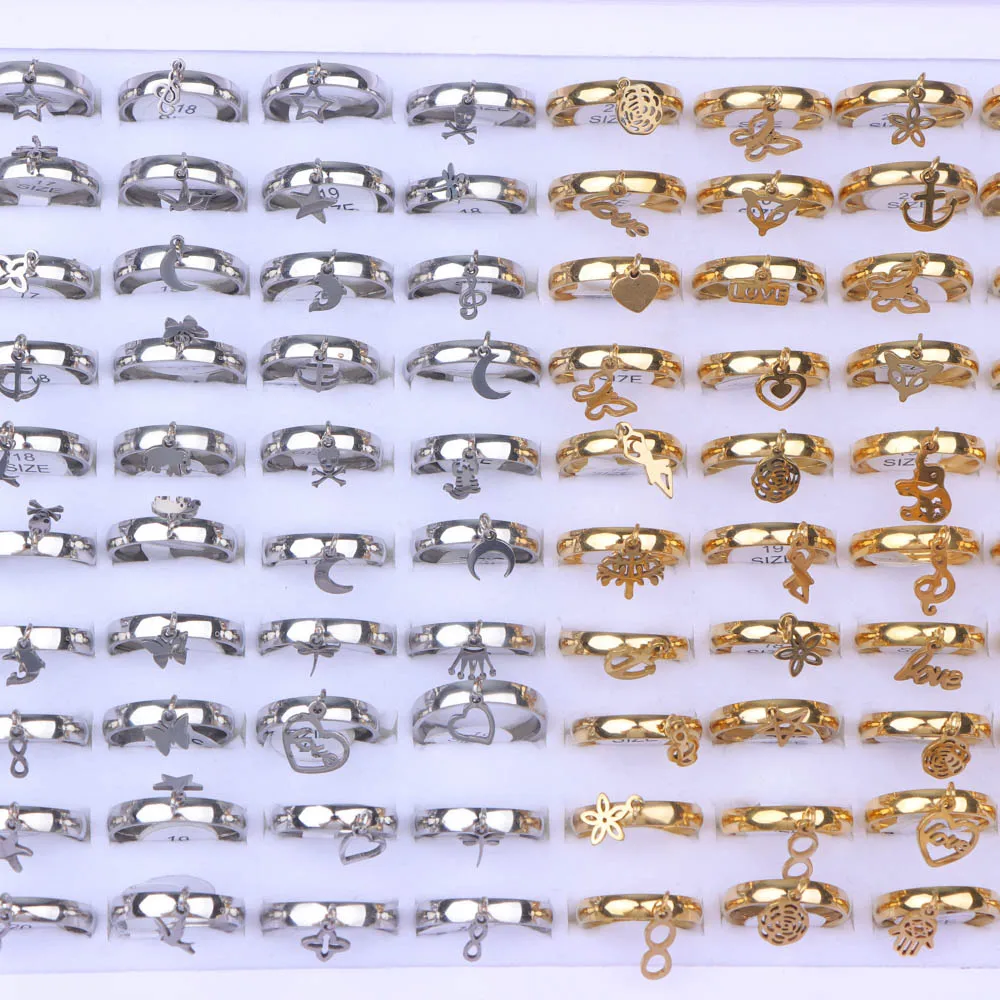 10/20/30/50Pcs/Lot Fashion Simply Star Moon Stainless Steel Small Pendant Rings For Women Mix Color Jewelry Party Gift Wholesale