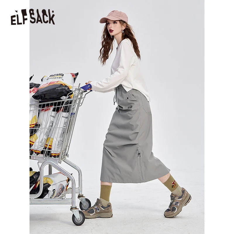 ELFSACK 2024 Autumn New Arrive Gray three-proof mountain workwear natural waist sports loose straight outdoor skirt for women