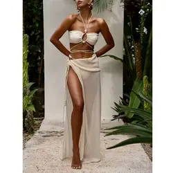 Bikini Bandeau de perlas con cuello Halter para Mujer, bañador Sexy de cintura alta, traje de baño liso con cordones, 2024