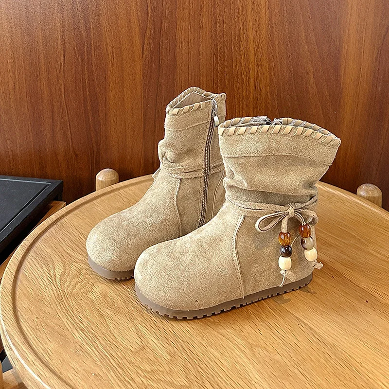 

Winter New Girls' Retro Mid Top Boots Fashion Princess Leather Boots Tassel & Bow Anti-slip Sole Warm Kids Footwear for 3-12Y