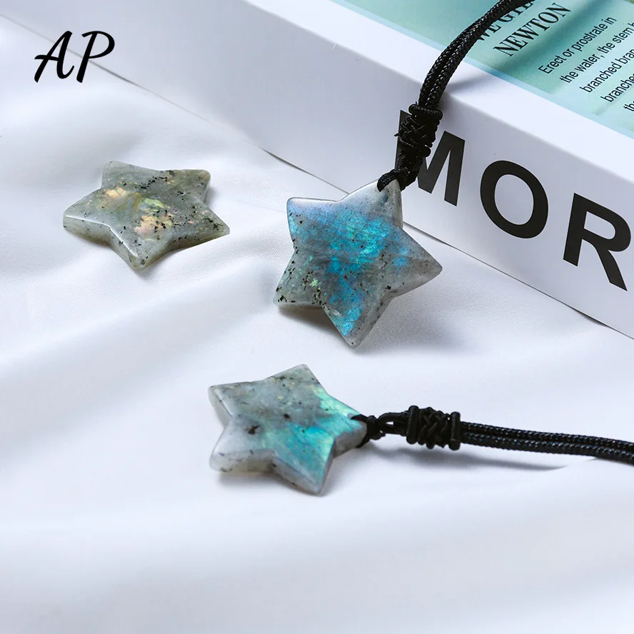 Natural Crystal Five-Pointed Star Blue Moonlight Pendant Hand Woven Healing Reiki Labradorite Gem Necklace Lady Gift