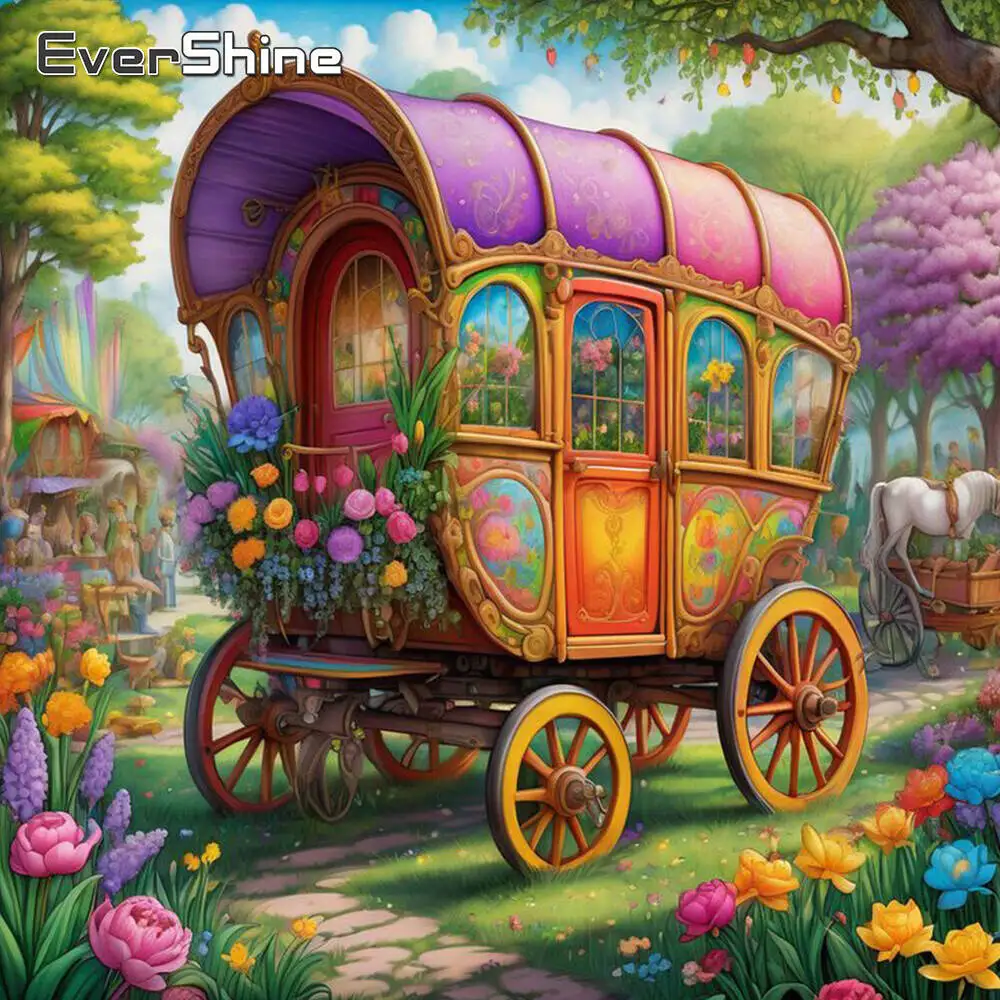 Evershine Neue Ankunft Diamant Malerei Haus Kutsche Landschaft Voll Platz Runde Diamant Mosaik Cartoon Stickerei Handwerk Kit