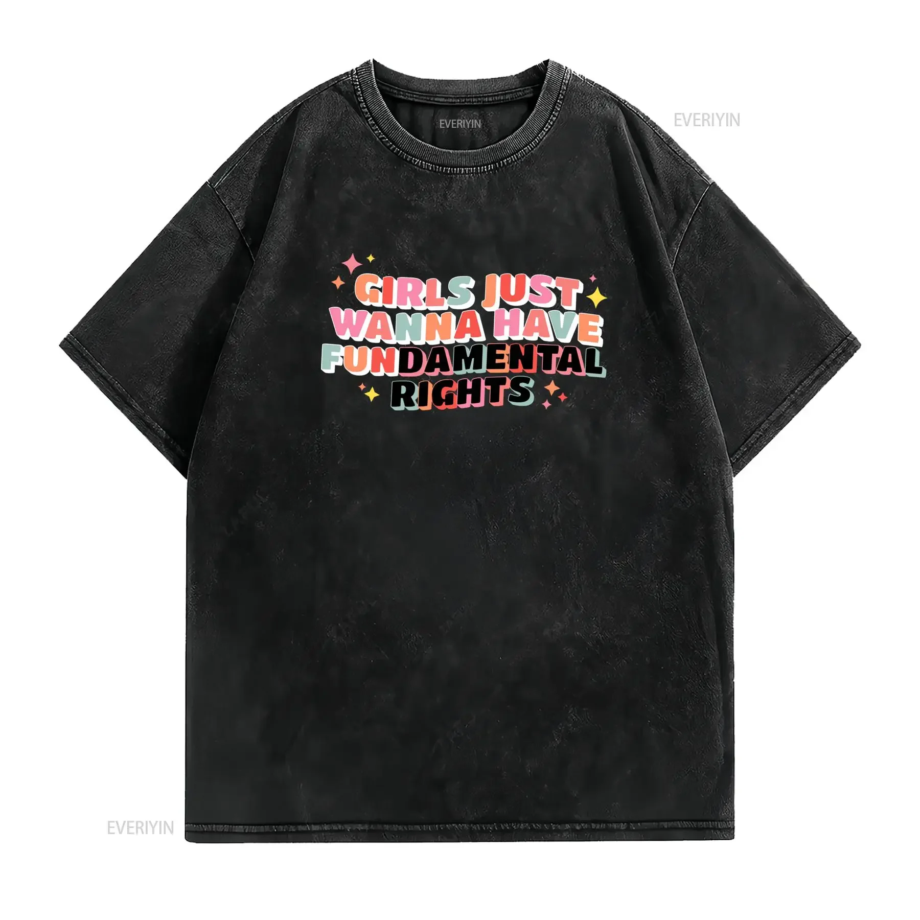 Retro Colorful Feminist Girls Fundamental Rights Slogan Print Casual T Shirt vintage Washed fashion Soft Breathable Unisex