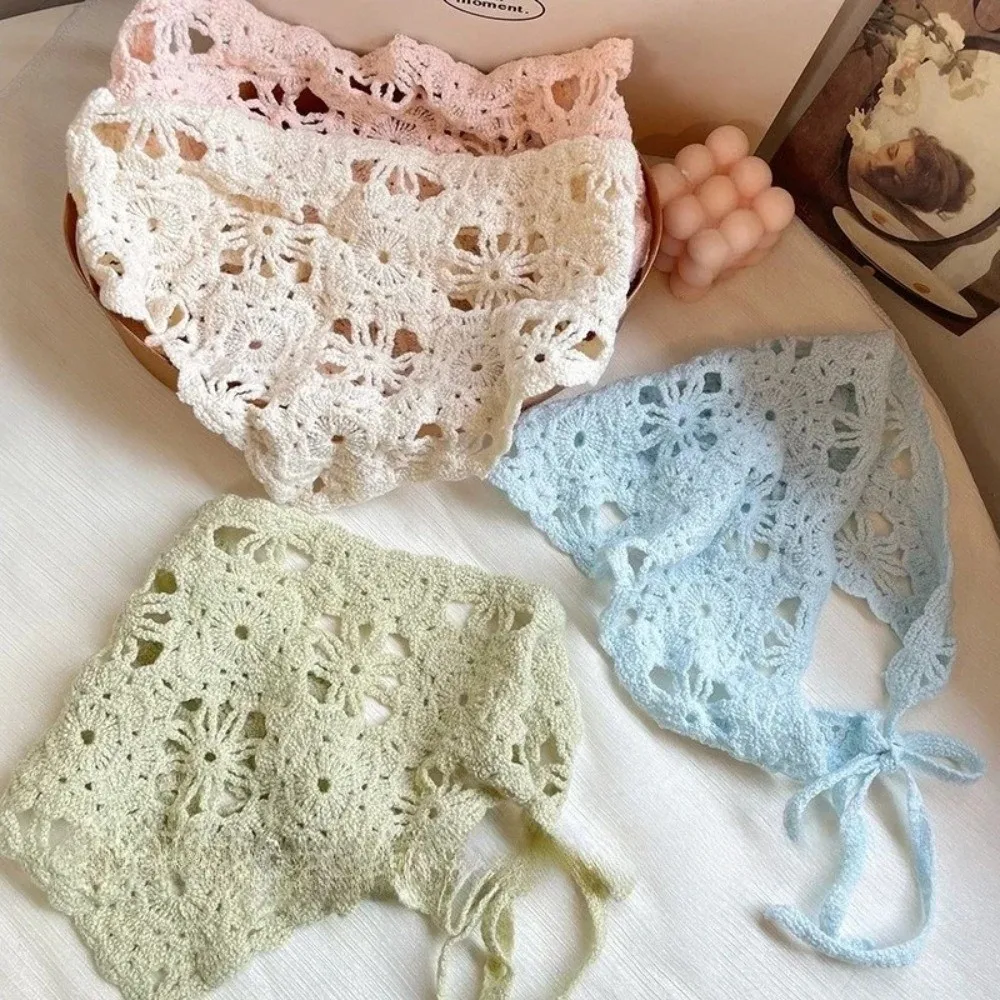 Retro French Knitted Headband Floral Bohemian Triangle Turban Handmade Pastoral Style Hollow Out Hair Band Children