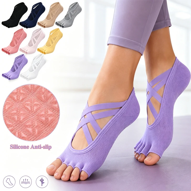 Women Non-Slip Bandage Five Finger Socks Ladies Breathable Backless Five Toe Pilates Socks Cotton Fitness Ballet Dance Sock