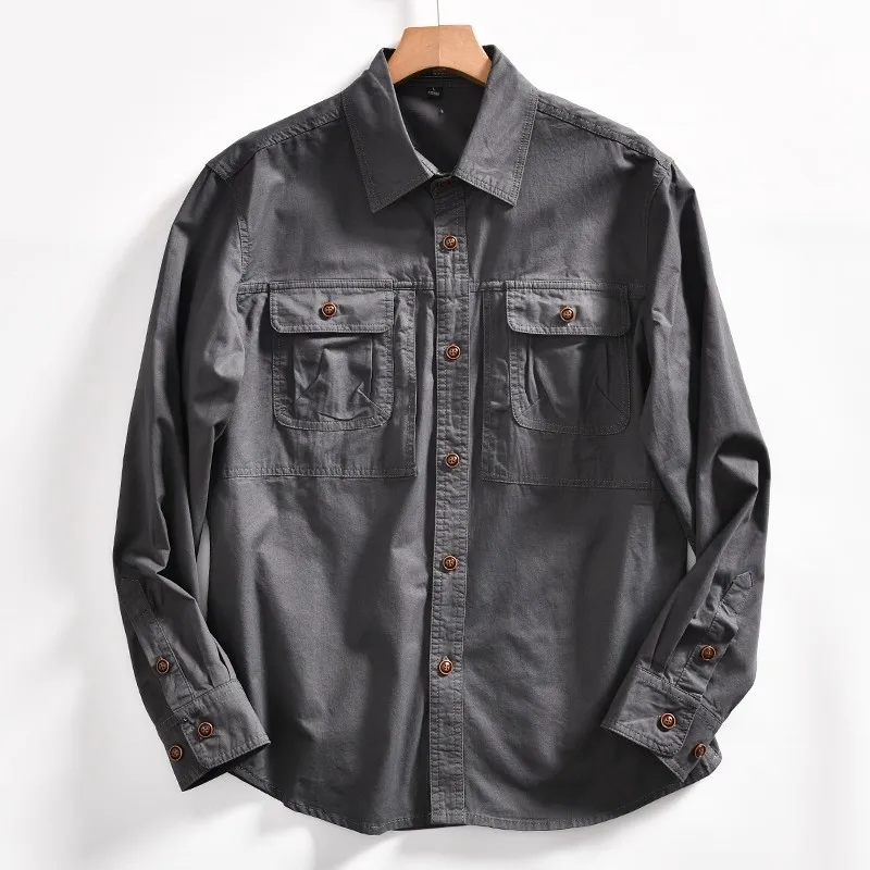 

Men's Washed Cotton Long Sleeve Shirts Retro Style Solid Color Turn Down Collar Casual Shirts Fashion Cargo Shirts
