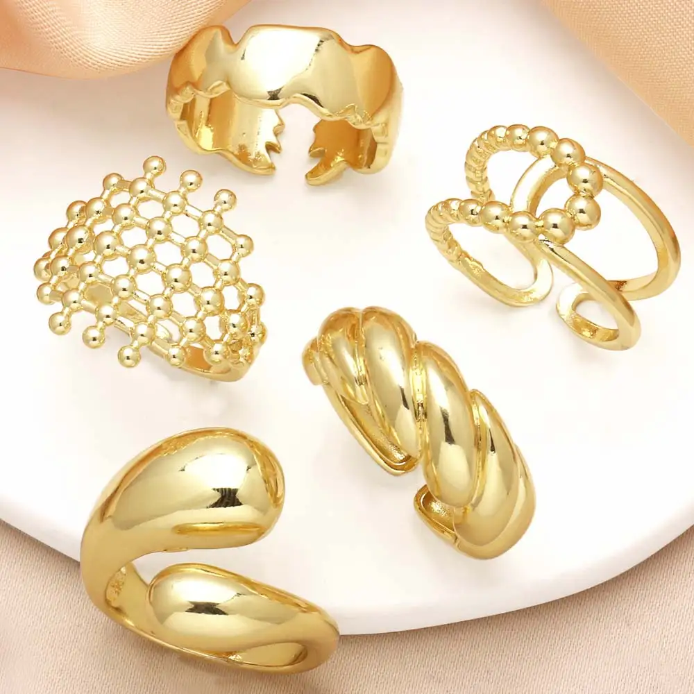 OCESRIO Fashion Polish Twist Crossover Statement Rings for Women Copper Gold Plated Beads Net Open Ring Women Jewelry righ44