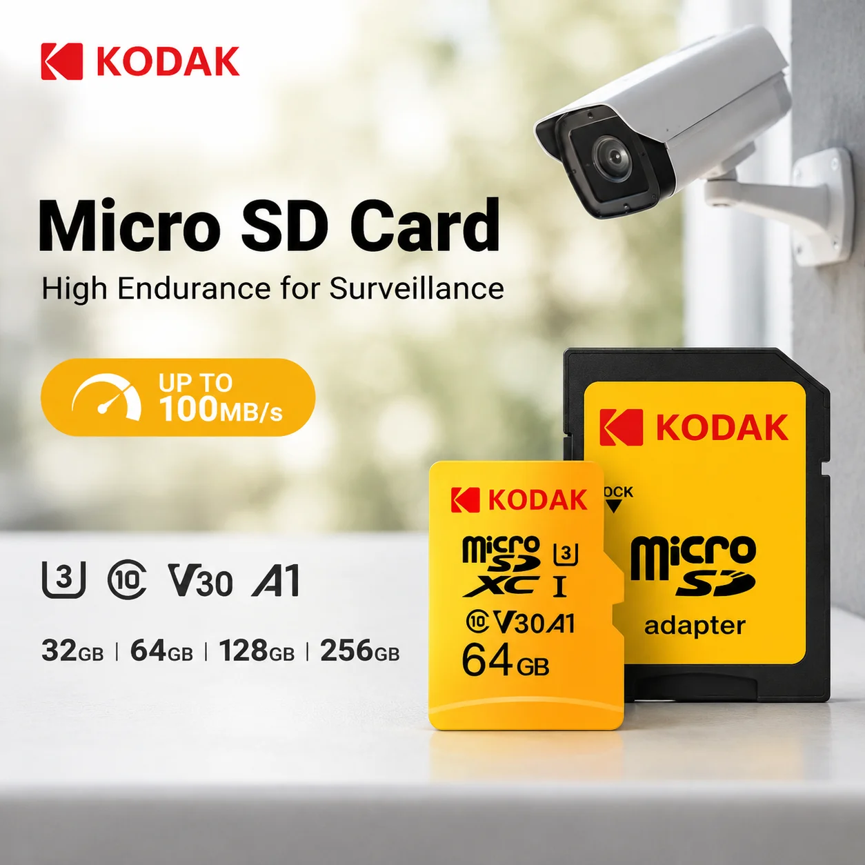 KODAK High Endurance Micro SD-Karte U3 V30 A1 32GB 64GB 128GB 256GB TF-Karte 100MB/s 4K Speicherkarte für Sicherheitskamera