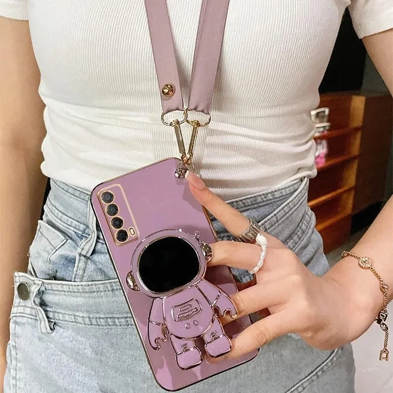 Crossbody Lanyard Astronaut Bracket Plating Case for Huawei P smart 2021 Y7a Coque Silicone Cover