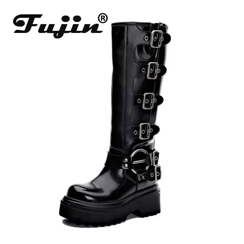 Fujin 9cm buty do kolan prawdziwej skóry platformy buty damskie buty na grubym obcasie buty motocyklowe dla kobiet Vintage Punk Bota Feminina