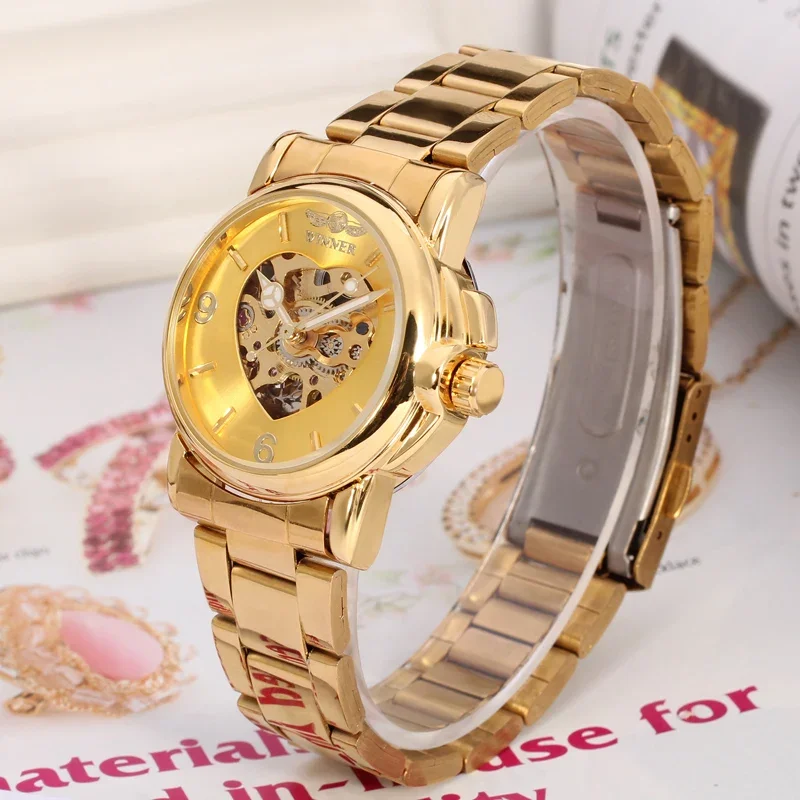 WINNER Brand Ladies Women Fashion Watch Automatic Mechanical Golden Heart Skeleton Dial Stainless Steel Band Elegant Wristwatch