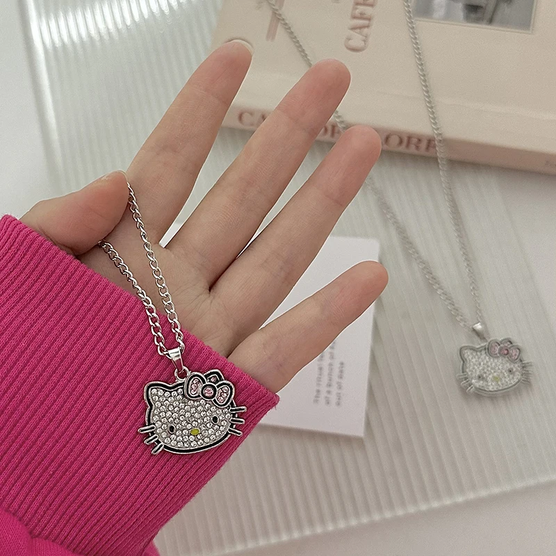 

Ожерелье с подвеской Hello Kitty Sanrio, серебряный цвет, блестящая женская цепочка до ключиц, элегантный шарм, Свадебный кулон, ювелирные изделия, подарок