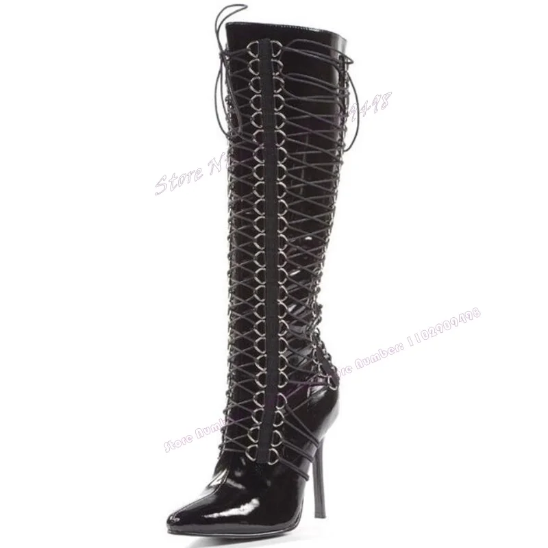 Bottes hautes au genou nouées en croix noires pour femmes, chaussures Parker pointues, talons hauts fins, chaussures sexy pour dames, 2023