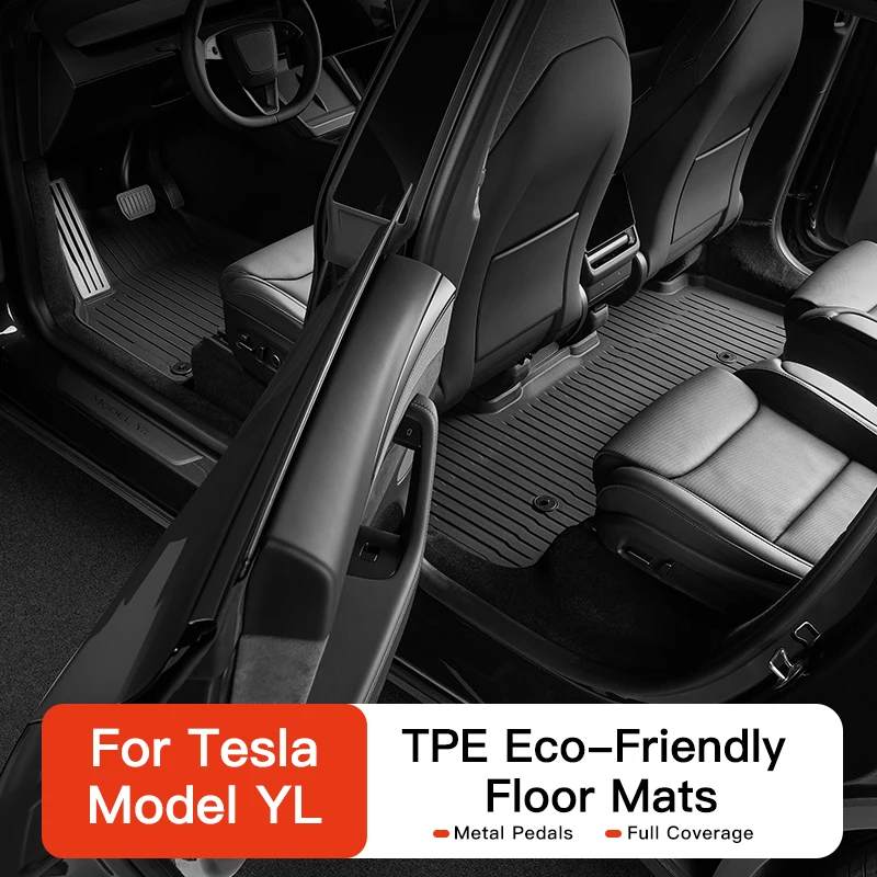Tapetes de carro YZ TPE com pedais de metal para Tesla Model YL, conjunto de tapetes para bagageiro, à prova d'água, antiderrapante, para todas as estações.