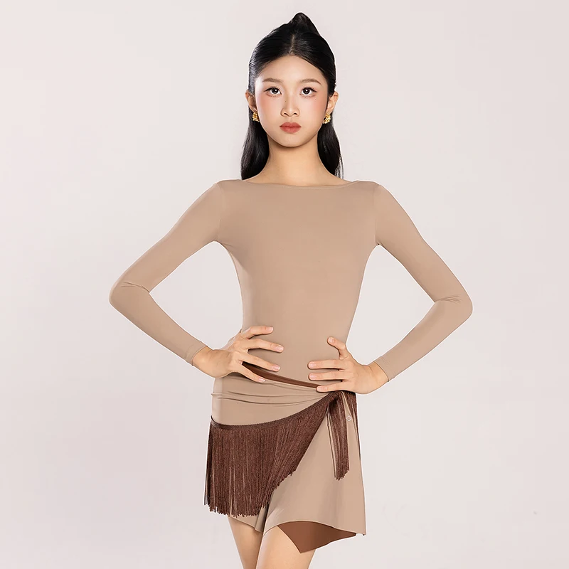 New Girls Latin Dance Clothes Skin Color Leotards Double Side Skirts Tassel Hip Scarf Long Sleeves Kids Practice Dresses BL17735