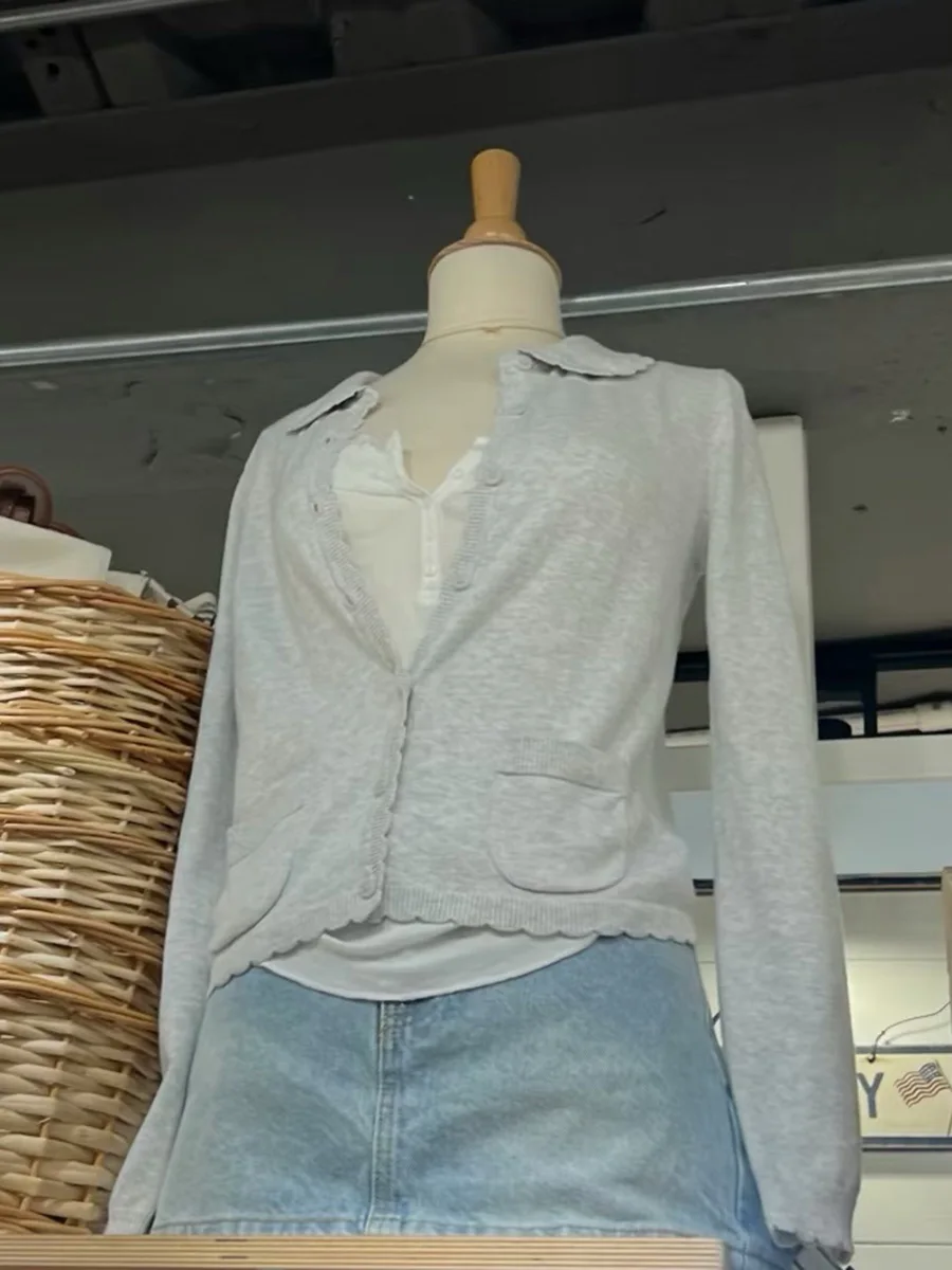 

Pockets Solid Knitted Sweater Cardigan Woman Peter Pant Collar Single Breasted Sweaters Sweet Casual Slim Long Sleeve Crop Tops