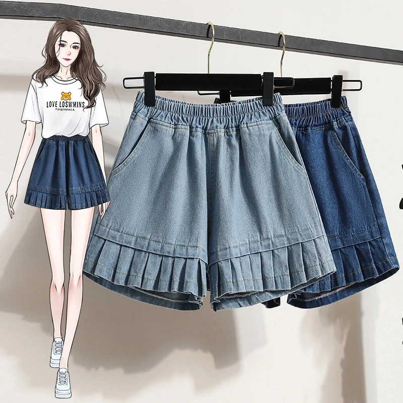 Summer Fashion Korean Wide Leg Pleated Denim Jeans Wear Elastic Waist Shorts Women High Waist Short Pants Female With Pockets