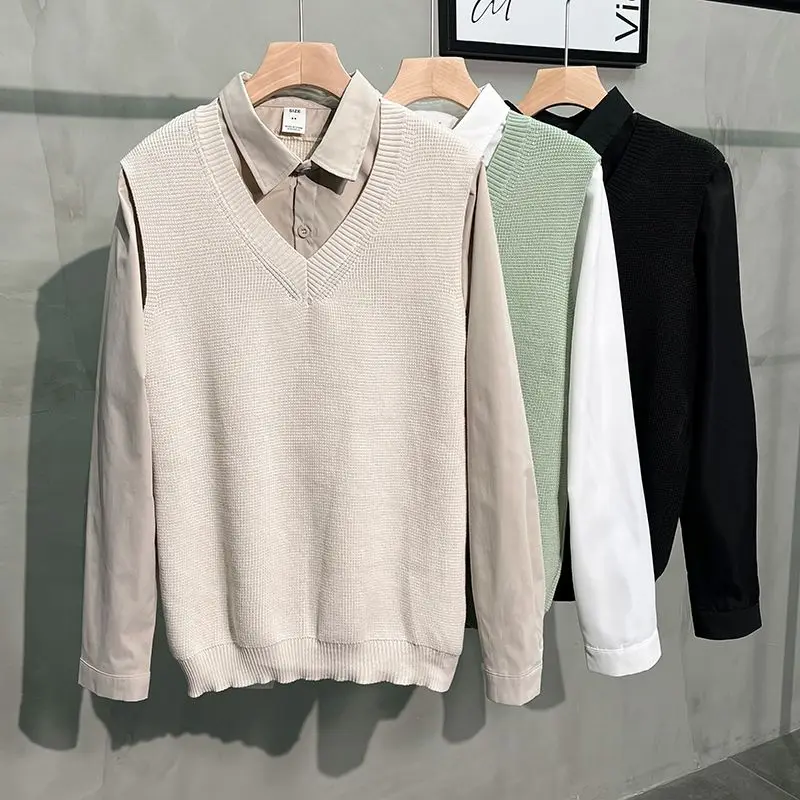 

Extra Large 300 Pou Spliced Fake Two-Piece Knitwear ex Light Maturi Sle Polyester Fiber Autumn Long Sve Sweater