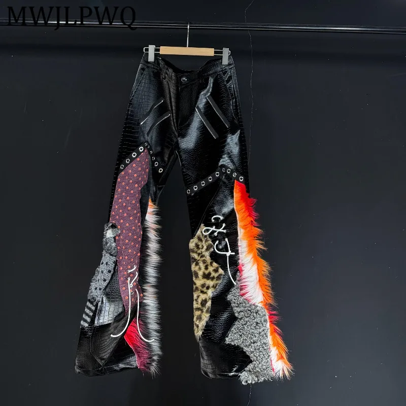 

MWJLPWQ High Mixed Patchwork Fur Deconstructed Pants Men's Trendy Street Style Drawstring Spring Casual Leather Trousers 13420