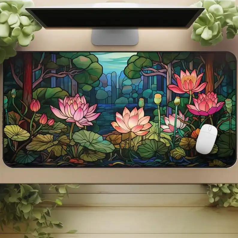 Colorful Lotus Desktop Mat in A Magical Forest, Anime Style, Soothing Desktop Decoration, Non-slip and Waterproof Mouse Pads