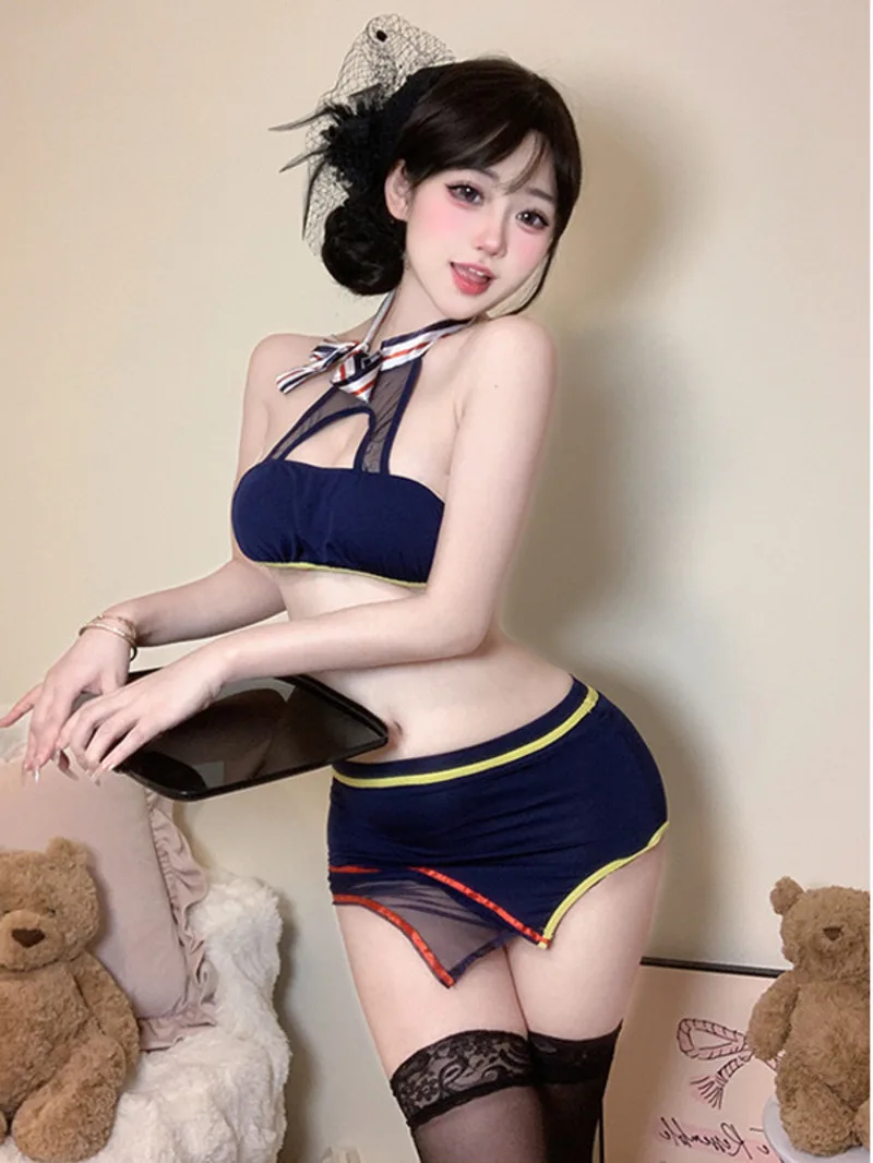 

Sexy Flight Attendant Service Package Buttocks Skirt Sets Wrap Chest Hanging Neck Skirt Sets Charming Elegant Pure Desire SO6Y
