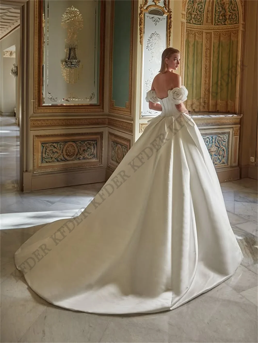 Princess Flowers A-line Wedding Dress Satin Off Shoulder Bridal Dress Women's Wedding Dresses Gowns Customization
