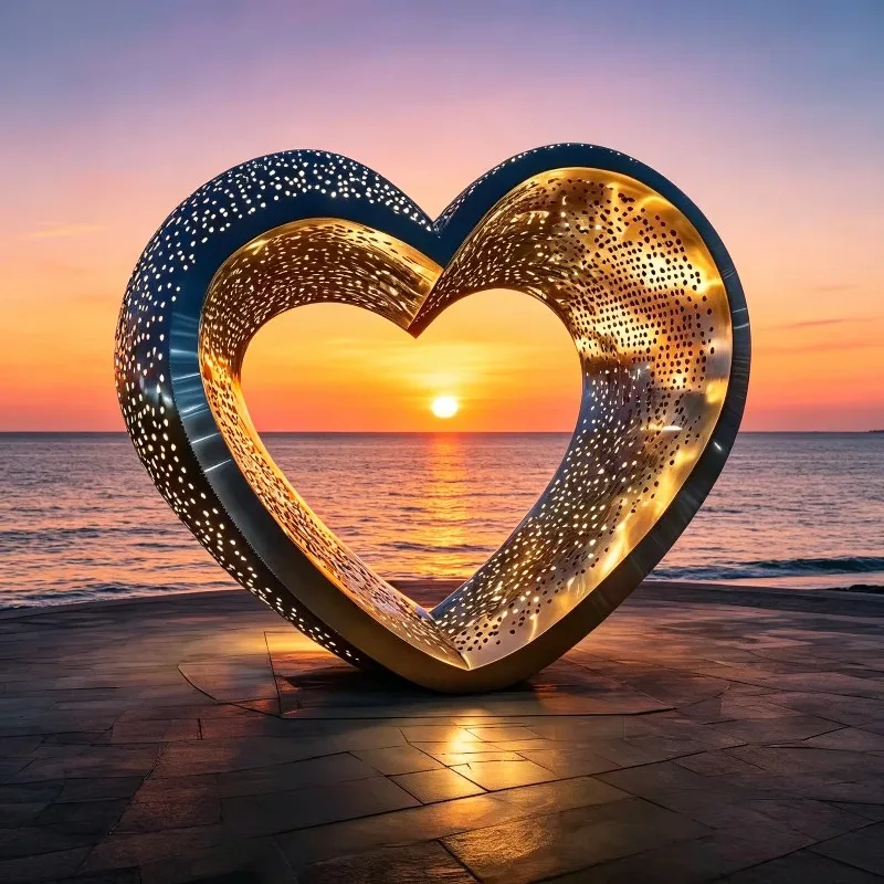 LED Lighted Hollow Heart Stainless Steel Sculpture Custom Romantic Decor For Outdoor Commercial Plaza Seaside Landscape