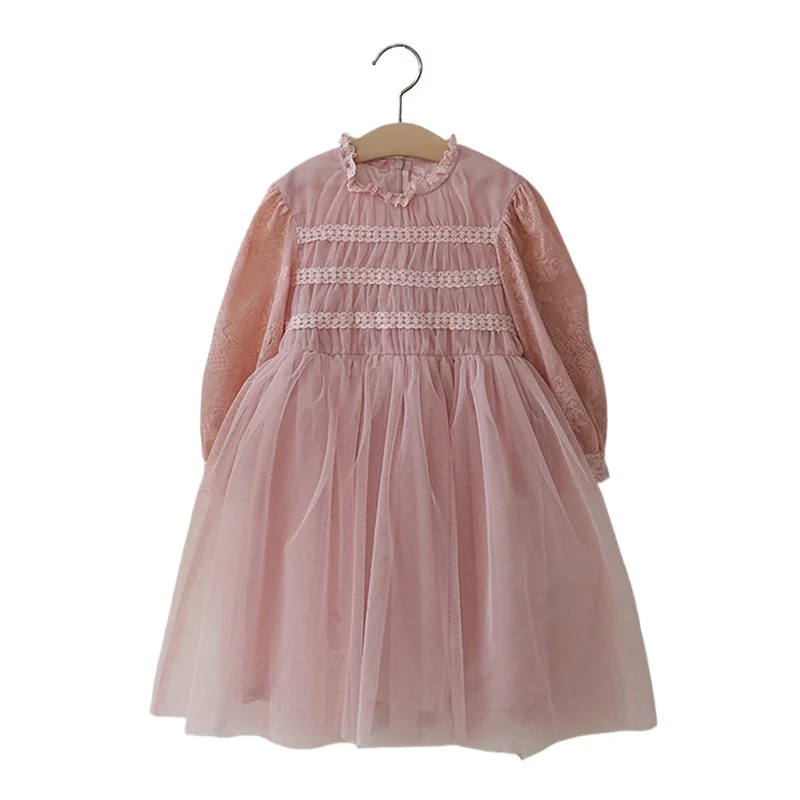 Children Clothing Girls Dress Spring 2024 New Fashionable Korean Style Girls Solid Color Lace Princess Long-sleeved Sweet Dress