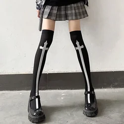 Women Sexy Retro Gothic Lolita Cross Print Club Stockings Goth Cosplay JK Girls Long Sock Polyester Over Knee Thigh High Hosiery