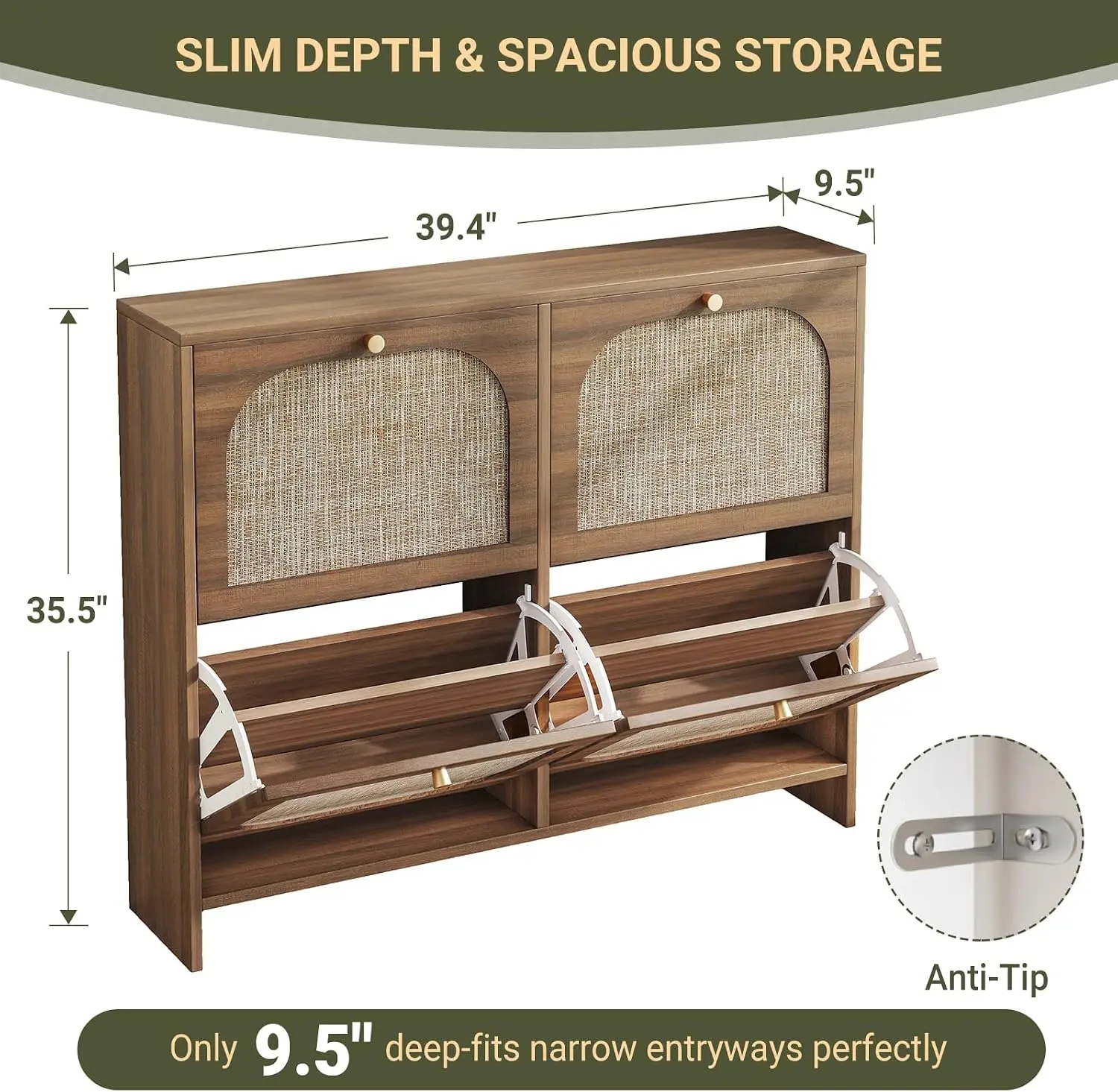 Freestanding Ultra Slim Arched Entryway Shoe Cabinet Storage Organizer Unit Container Box Rack Tray With 4 Flip Drawers Modern Hidden Shoe Storage For Hallway Foyer Amber Oak