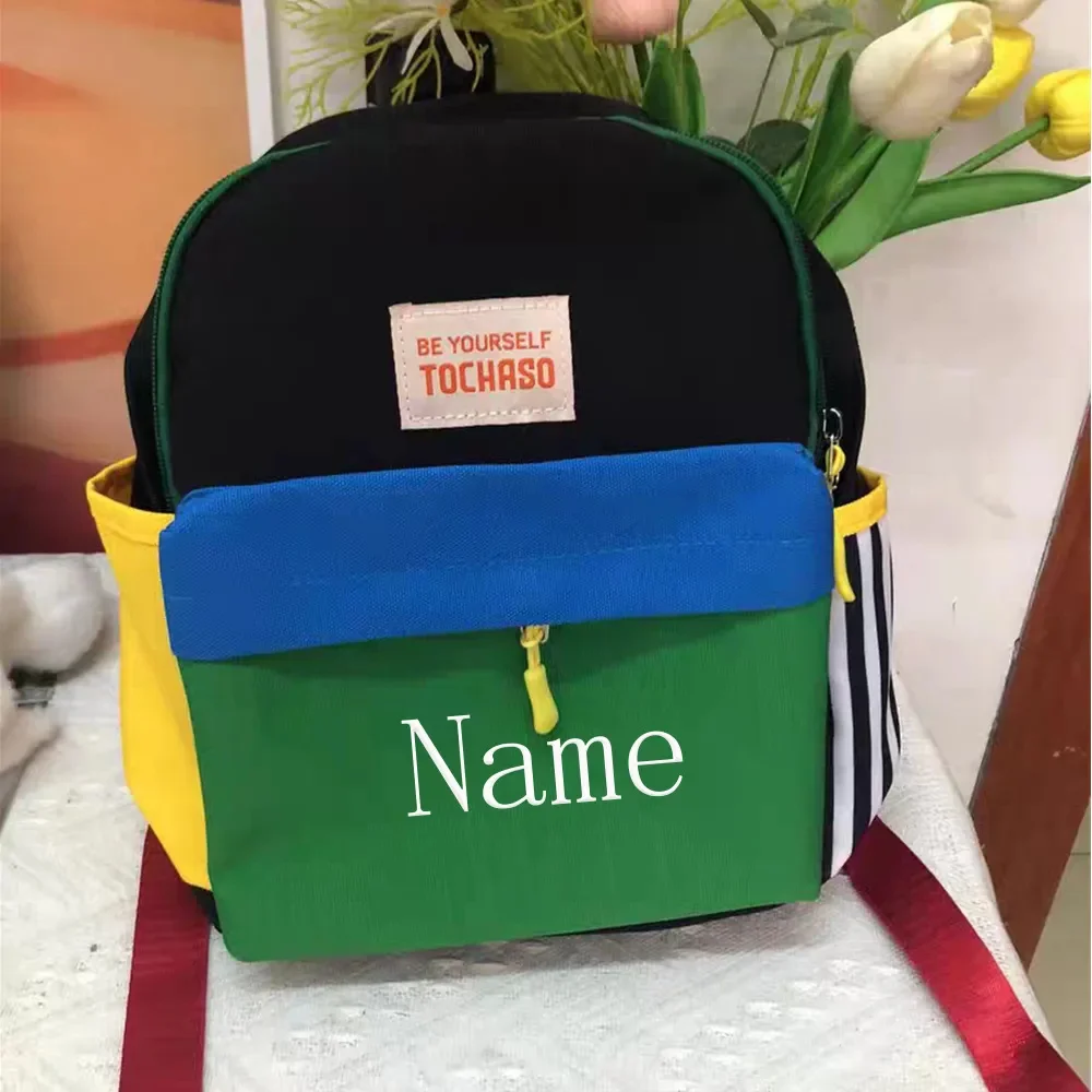 Contrast Color Backpack Personalized Embroidered Name Boys Girls Kindergarten Canvas Schoolbags Travelling Outdoor Snack Bags