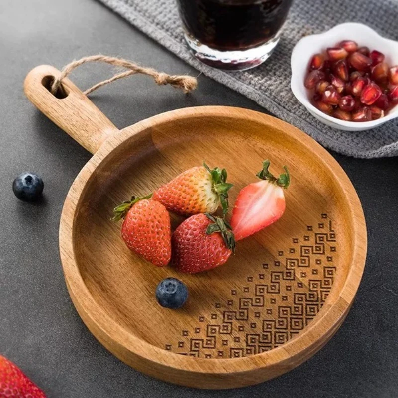 Acacia Wood Round Serving Tray with Handle Wooden Plate Household Fruit Dessert Platter Dinner Food Tray for Kitchen Decor