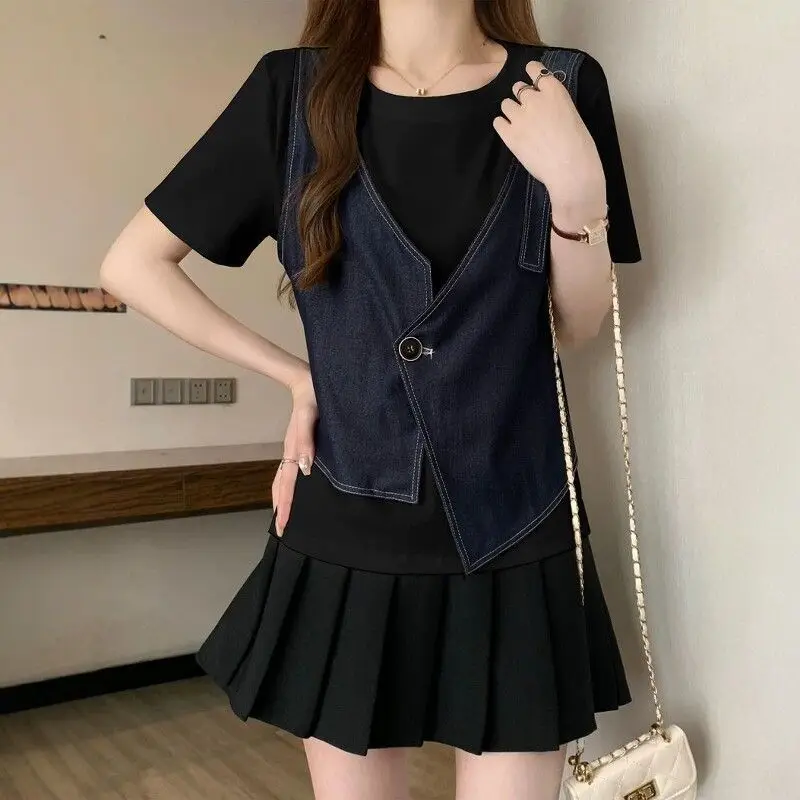 T-Shirt Women Summer Fashion Fake Two-Piece Patchwork Vest Short Sleeve Versatile Loose Age-Reducing Asymmetric Top Casual Style