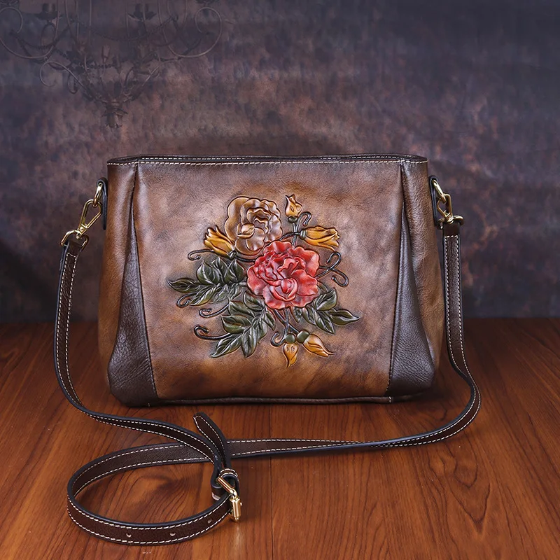 2026 New Retro Floral Embossed Top Layer Cowhide Leather Women's Shoulder Crossbody Bag Casual Backpack Ethnic Style Handbag