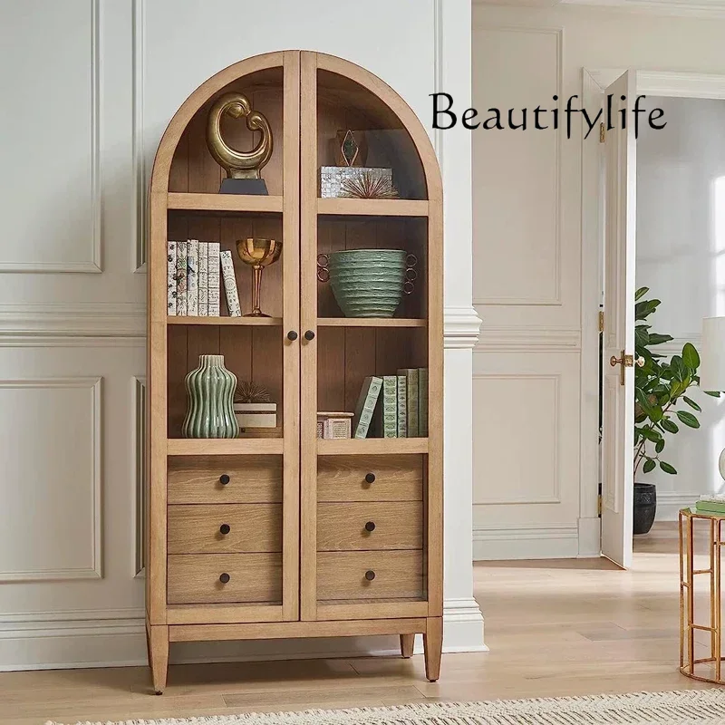 kj American country solid wood bookcase villa living room glass door display cabinet French retro study