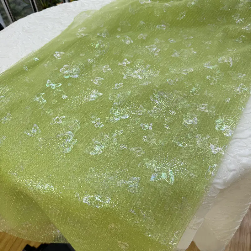 2m Soft Green Transparent Tulle with Seven Color Butterfly Design for Festival Decoration Background in Clothing Accessory Set