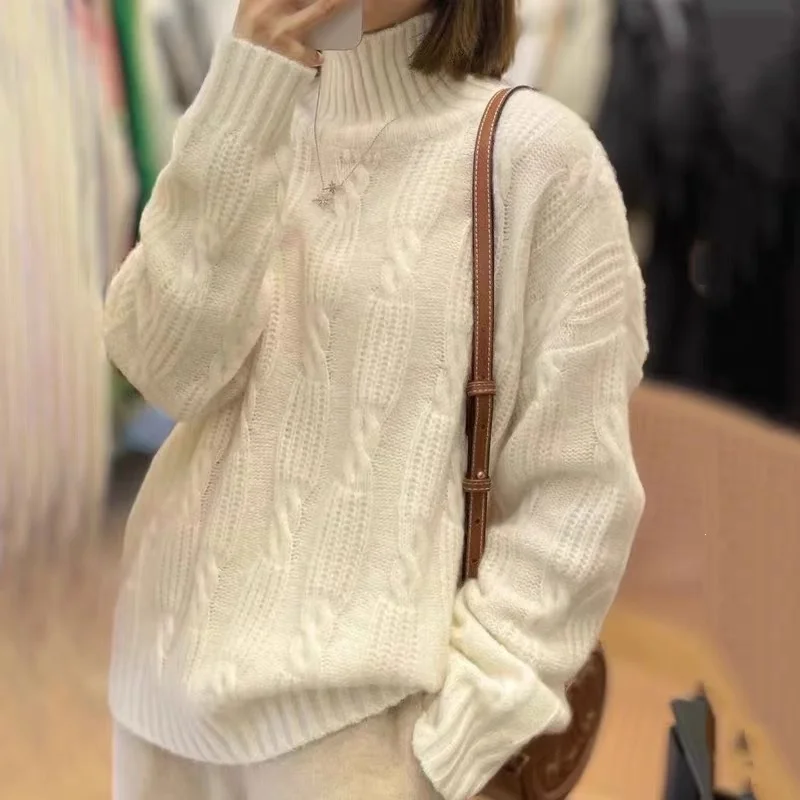 

2023 autumn and winter new half turtleneck 100% cashmere sweater women twist flower shoulder sweater loose bottom sweater